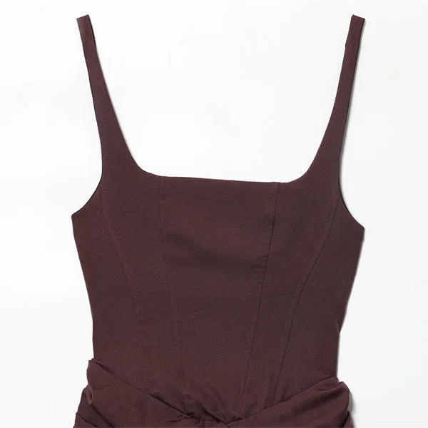 Mercerised cotton hooded sleeveless sheath dress in brown with stripe and plaid pattern and pleated asymmetric hem front view