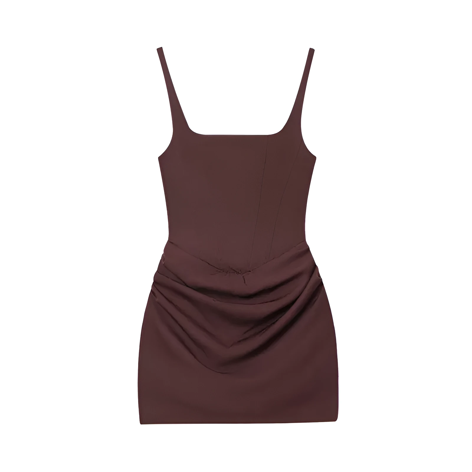 Mercerised cotton hooded sleeveless sheath dress in brown with stripe and plaid pattern and pleated asymmetric hem front view