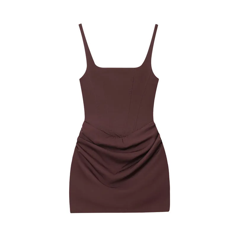 Mercerised cotton hooded sleeveless sheath dress in brown with stripe and plaid pattern and pleated asymmetric hem front view