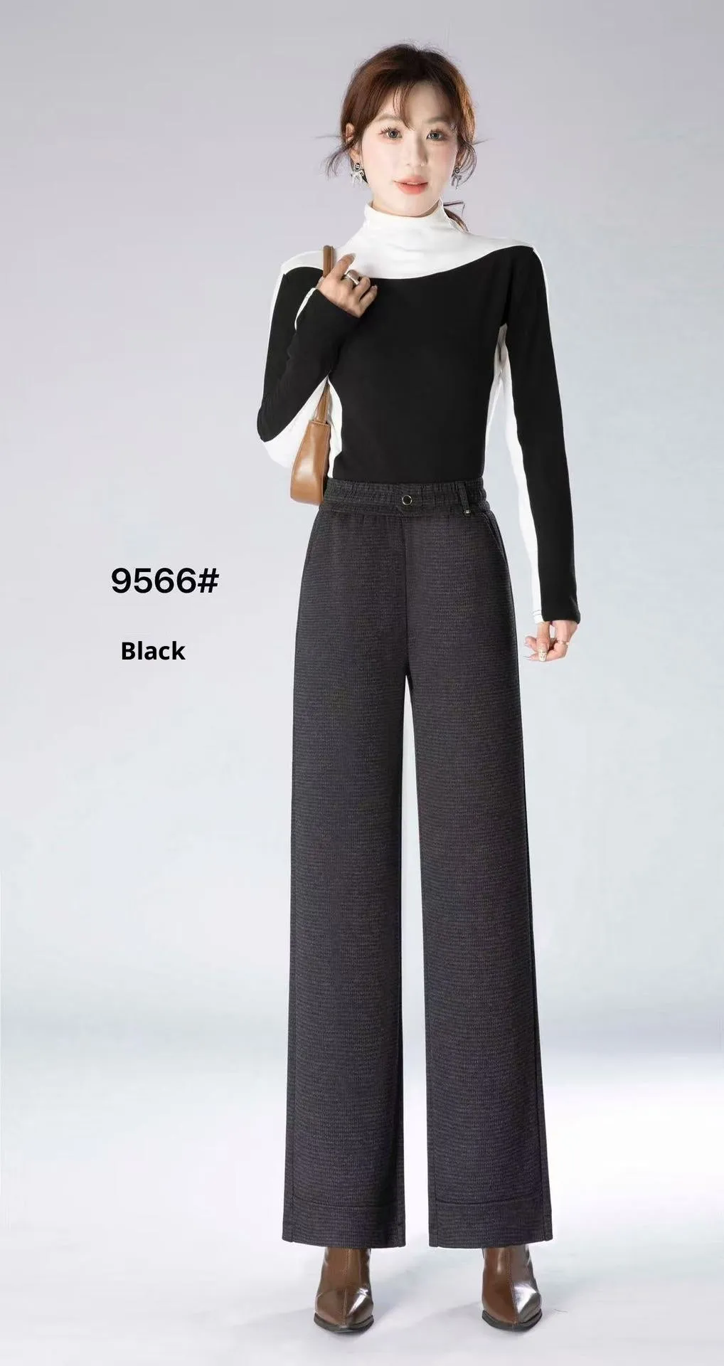 High waist loose straight pants in oatmeal colour with plaid pattern, wool and cashmere blend