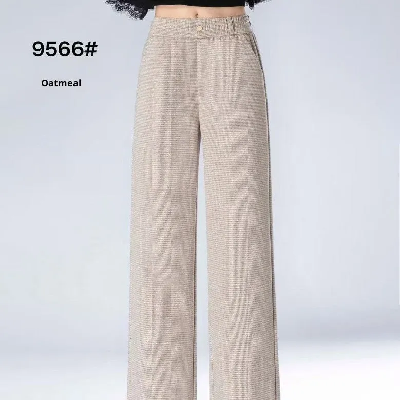 High waist loose straight pants in oatmeal colour with plaid pattern, wool and cashmere blend