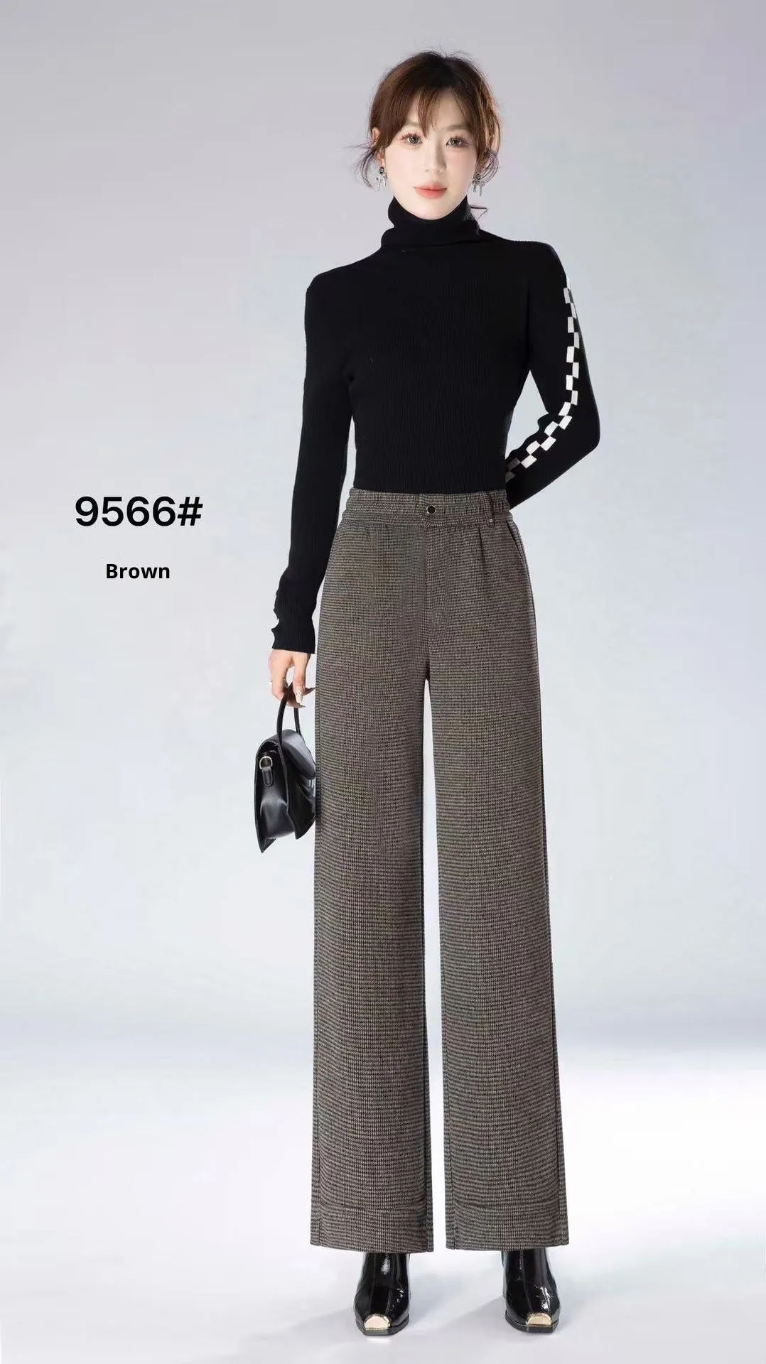 High waist loose straight pants in oatmeal colour with plaid pattern, wool and cashmere blend