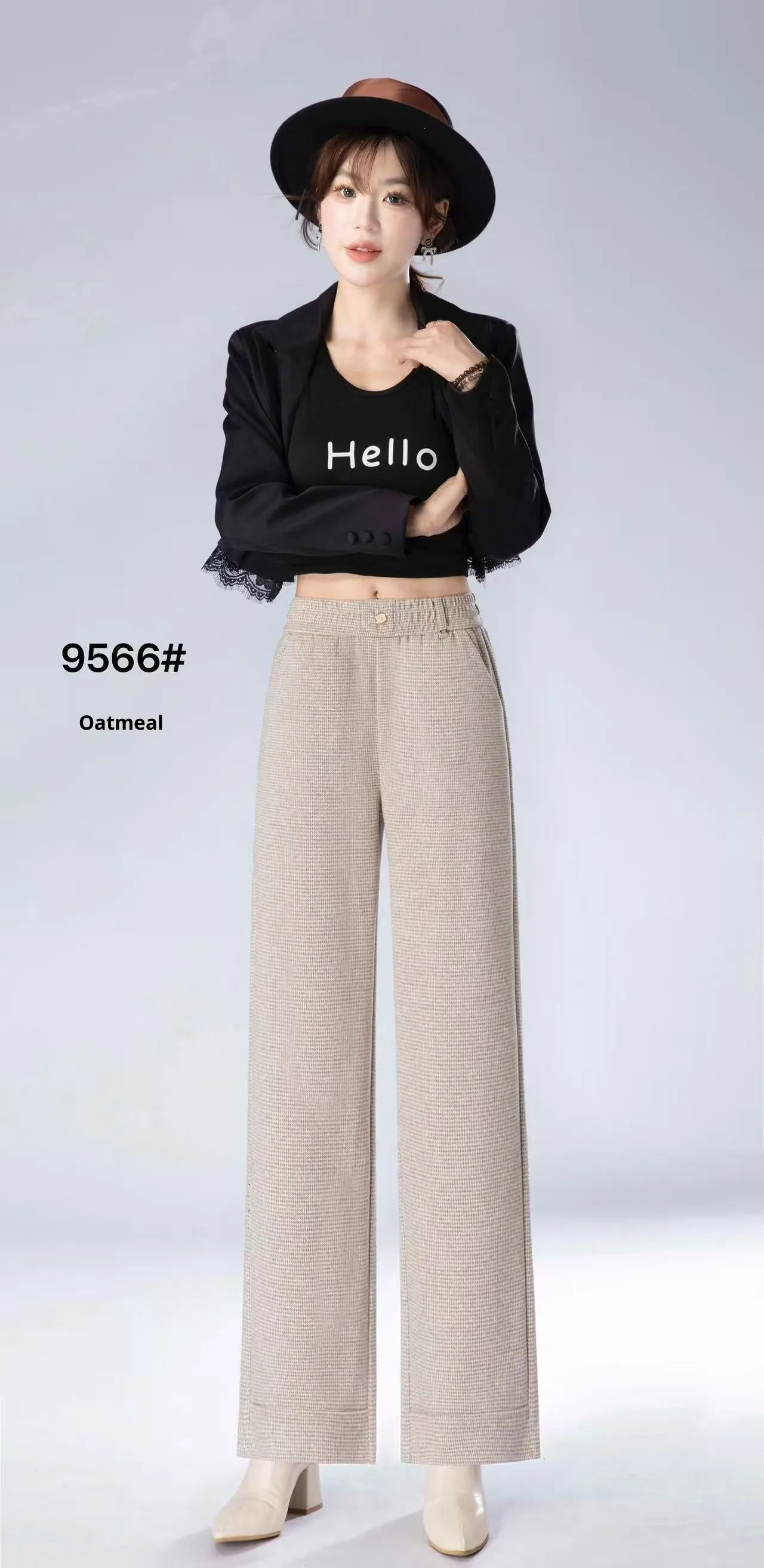 High waist loose straight pants in oatmeal colour with plaid pattern, wool and cashmere blend