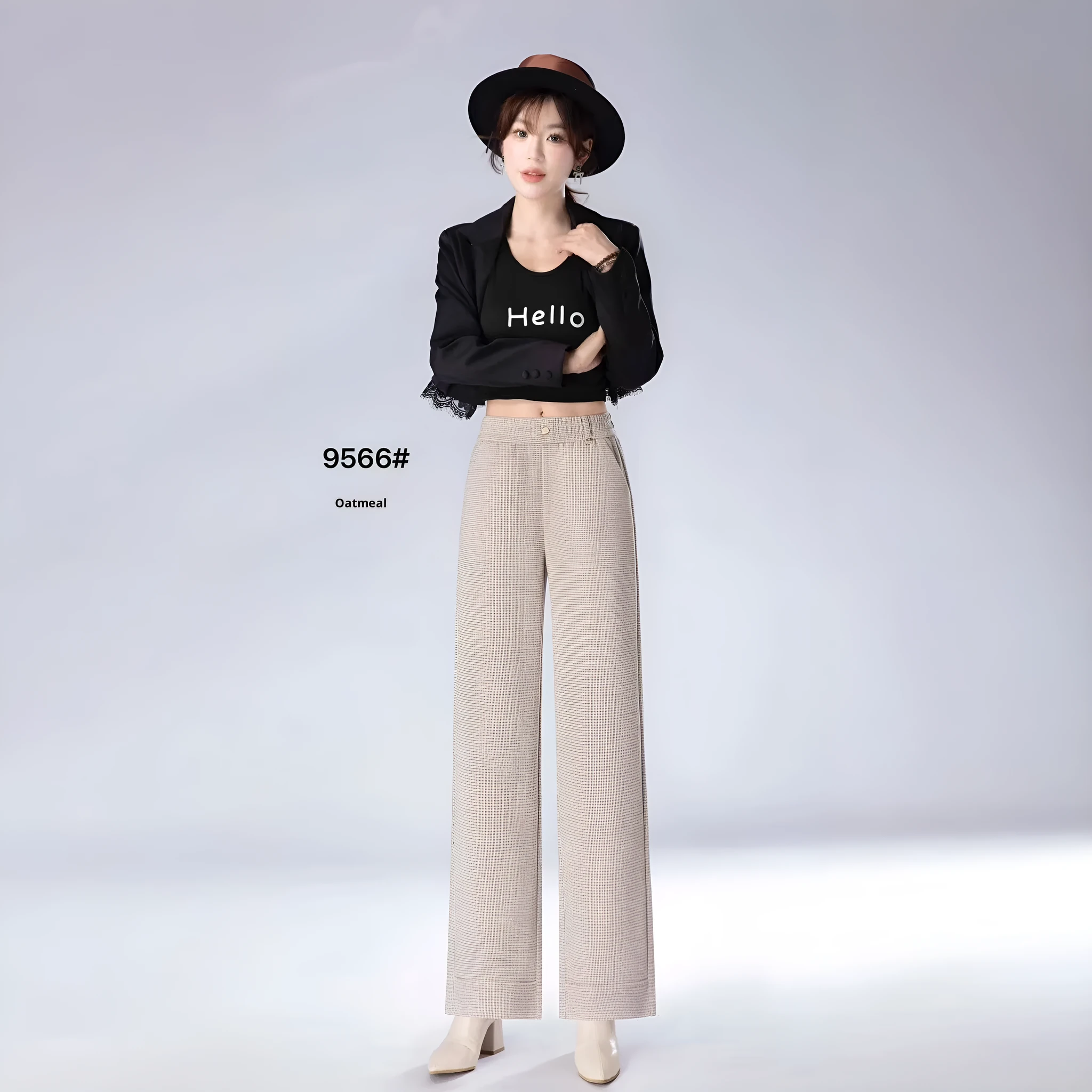 High waist loose straight pants in oatmeal colour with plaid pattern, wool and cashmere blend