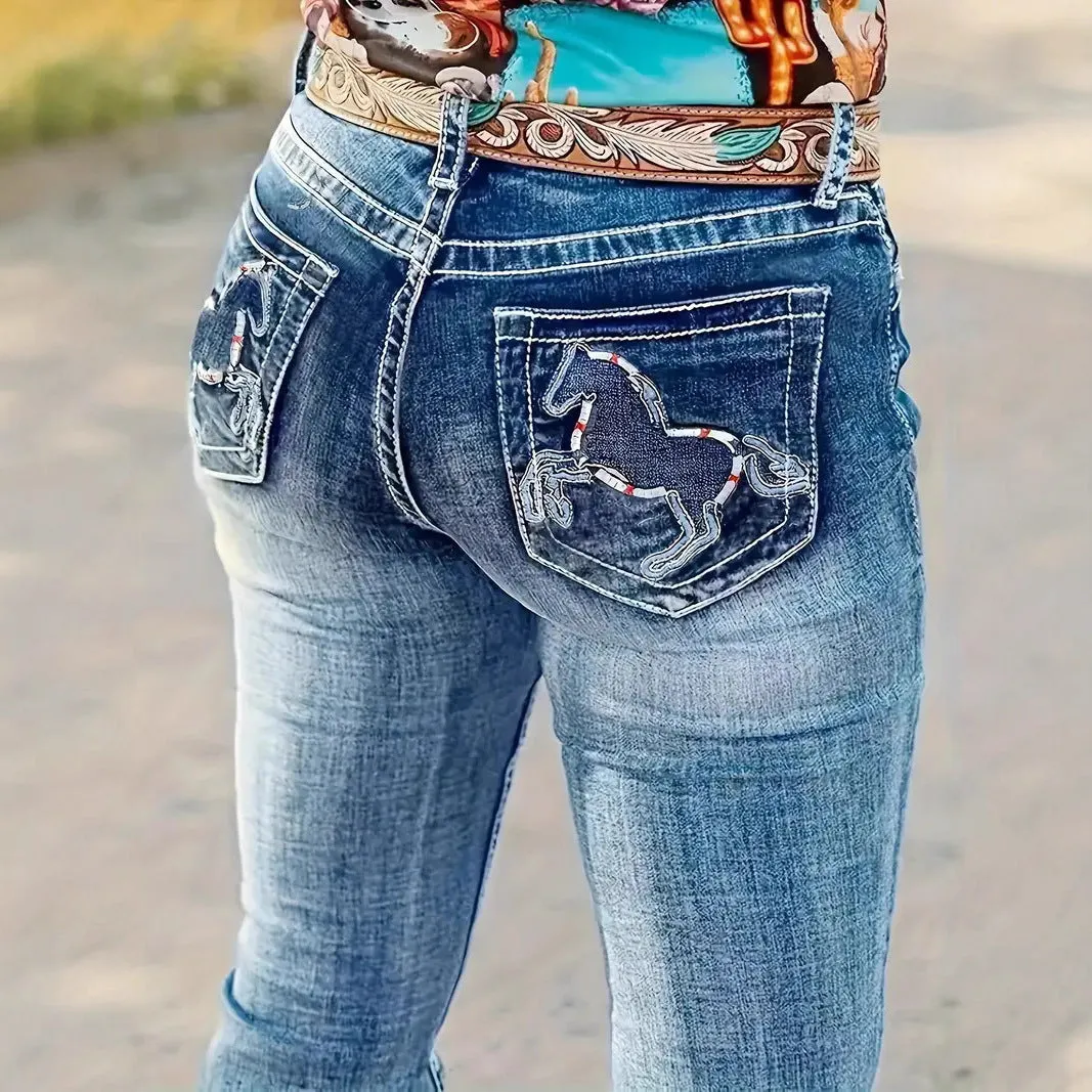 Hatchet Man women's high waist stretch denim straight-leg trousers in navy blue with embroidery and zipper fly.