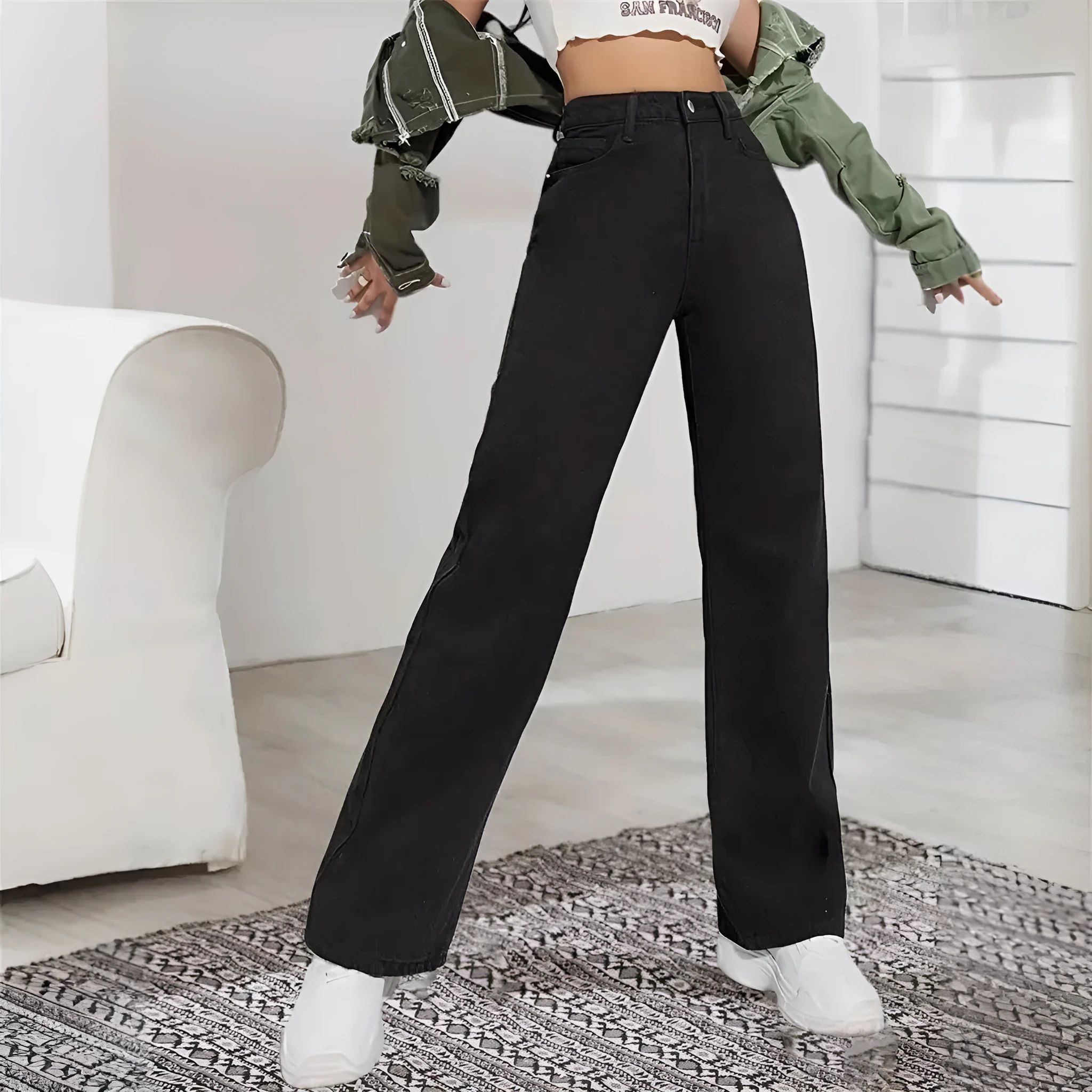Black straight stretch casual trousers in cotton denim with high waist and straight leg