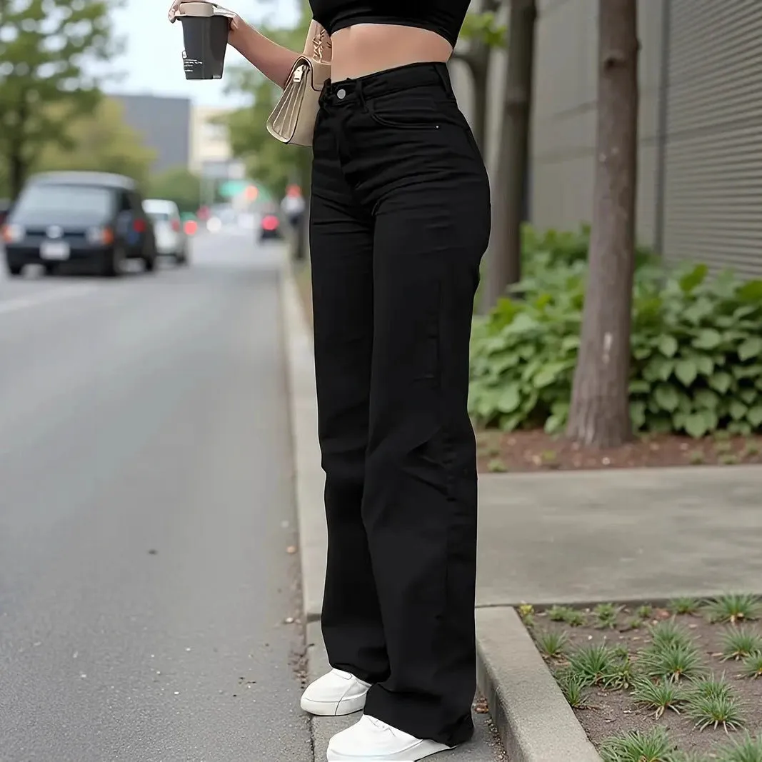 Black straight stretch casual trousers in cotton denim with high waist and straight leg