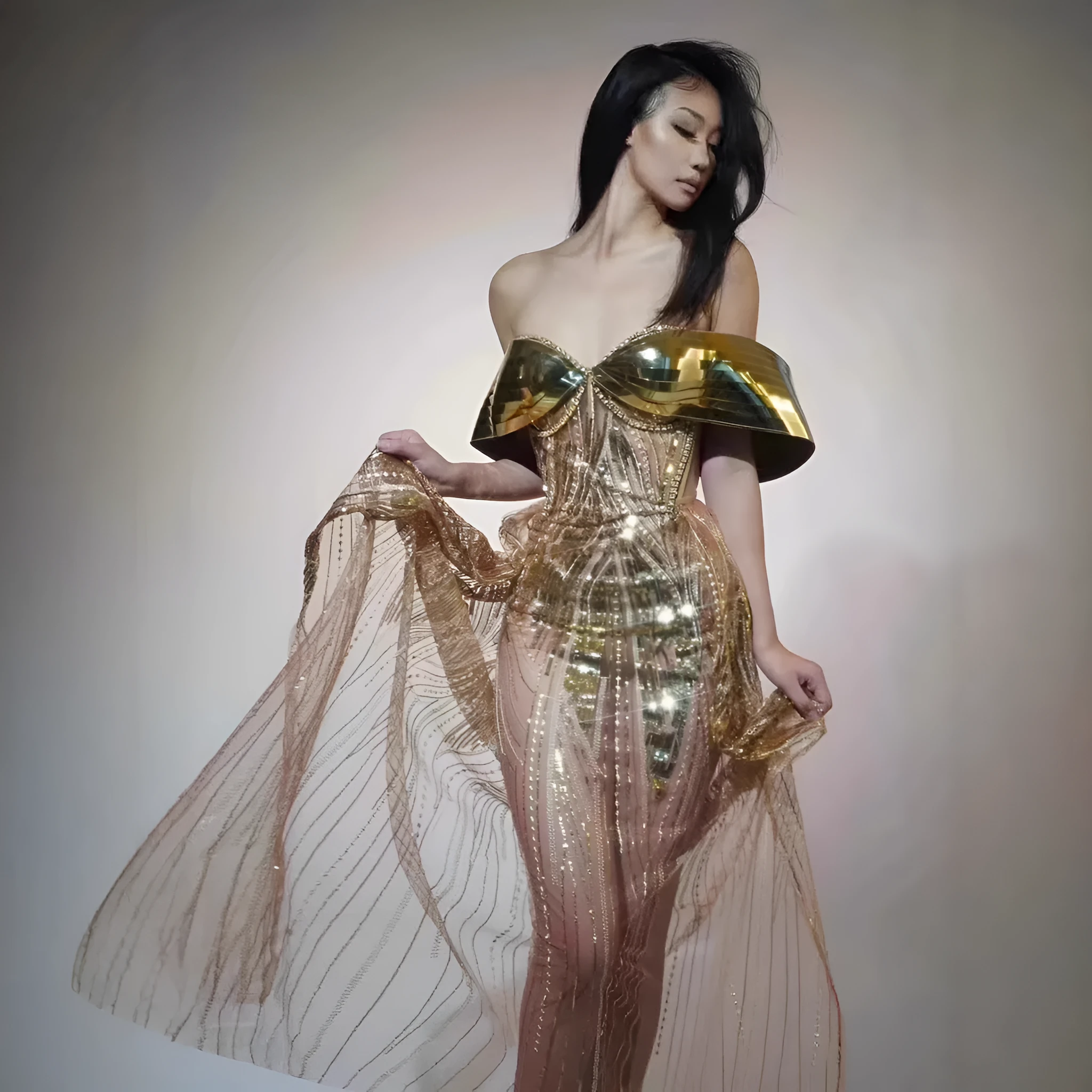 Gold strapless sequined women's formal dress with side split in long skirt