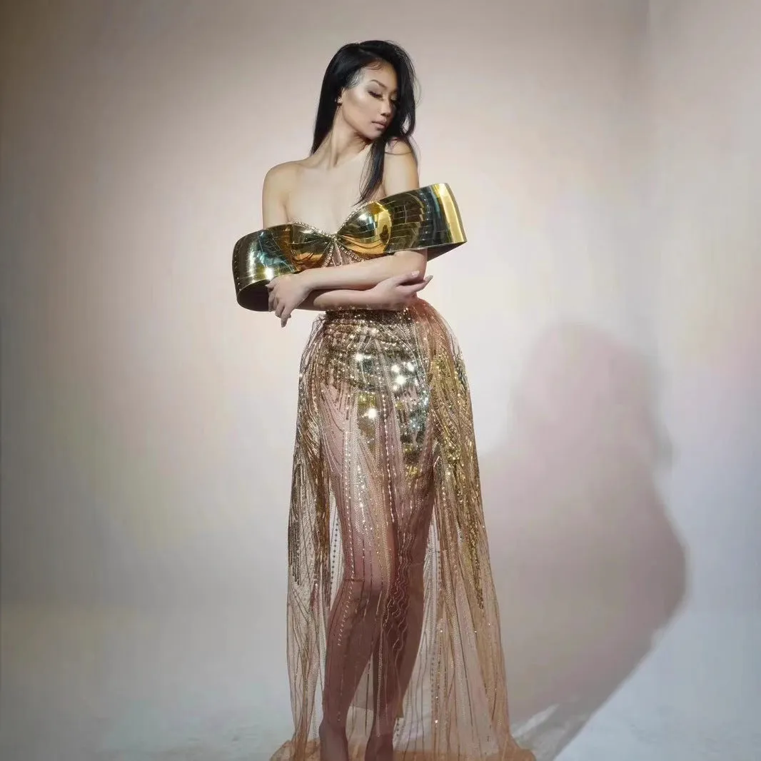 Gold strapless sequined women's formal dress with side split in long skirt