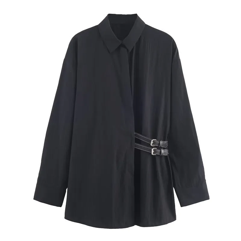 Women's trip-strap poplin shirt with plant and flower print, black, long sleeves, casual pullover style
