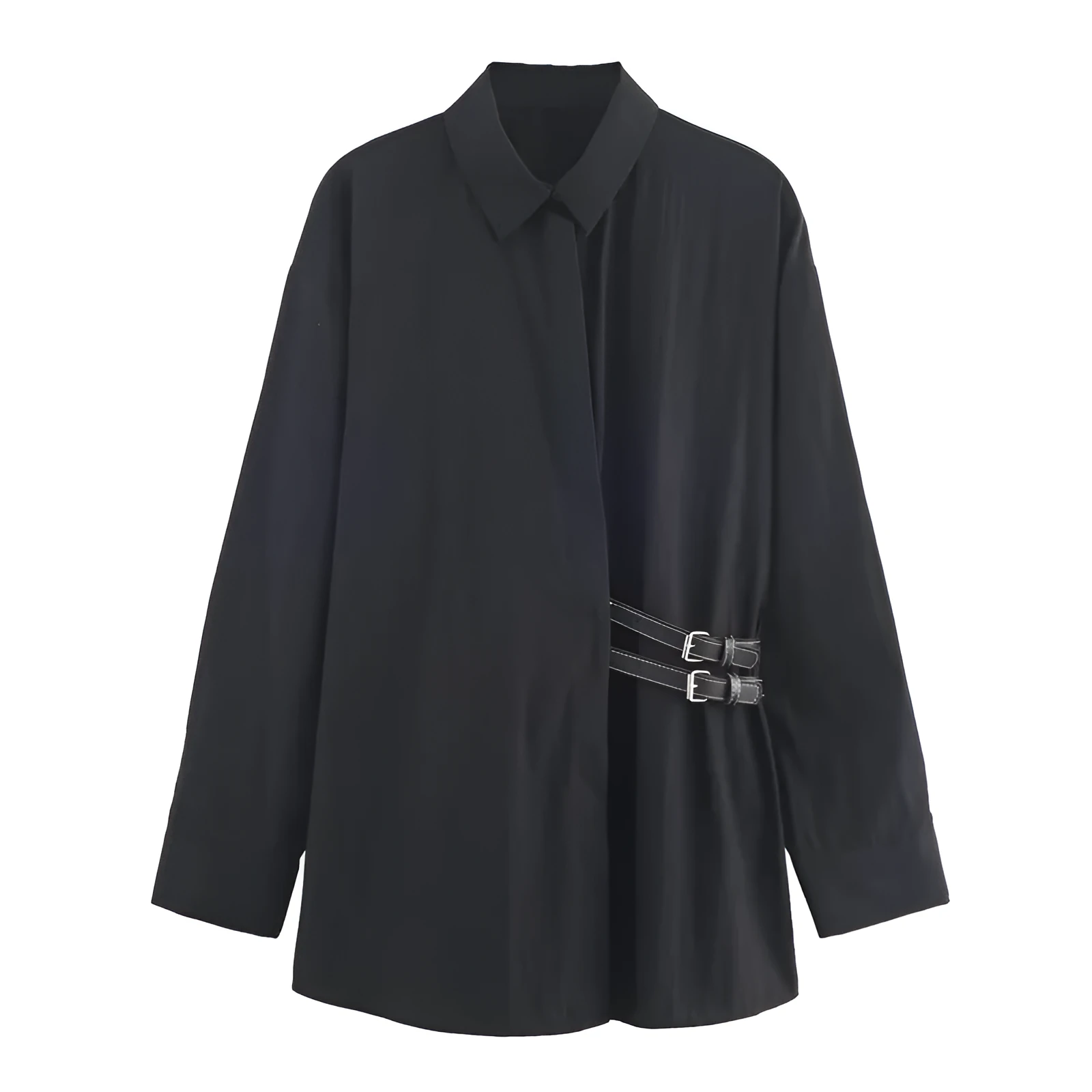 Women's trip-strap poplin shirt with plant and flower print, black, long sleeves, casual pullover style