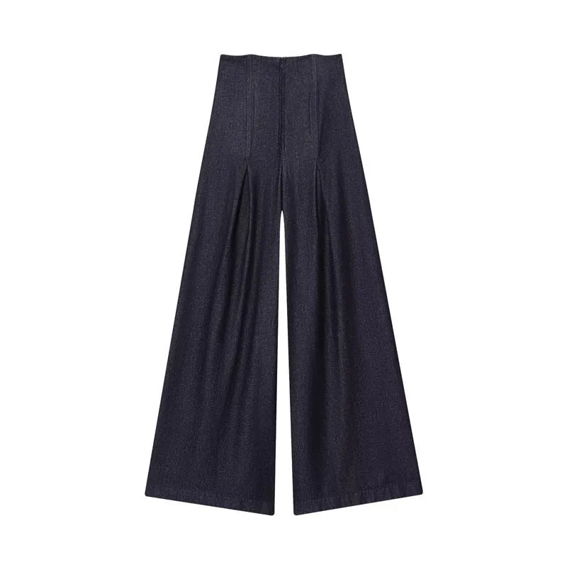 Women's ultra high waist wide leg stone-washed denim jeans in Japanese Korean casual style, available in sizes XS to L