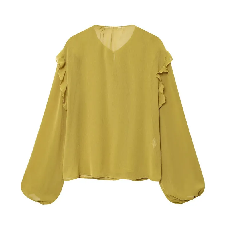 Women's yellow ruffled laminated decorative shirt with plants and flowers print and button front