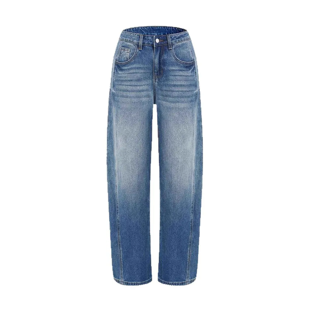 Blue wide leg stretch denim jeans for women with high waist and zipper fly