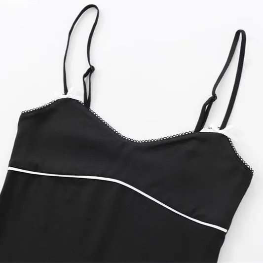 Women's black slim-fit halter spaghetti straps knitted vest with geometric pattern on model