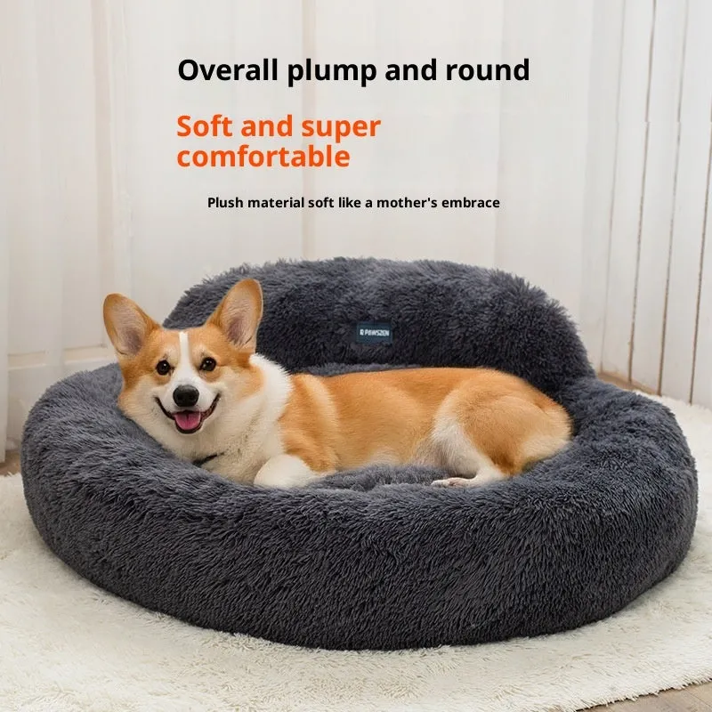 Pet bed winter warm breathable cloth kennel for cats, long wool backrest, diameter 48cm, light gray