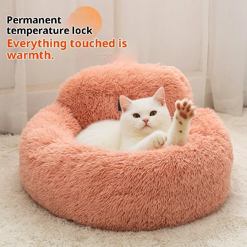 Pet bed winter warm breathable cloth kennel for cats, long wool backrest, diameter 48cm, light gray