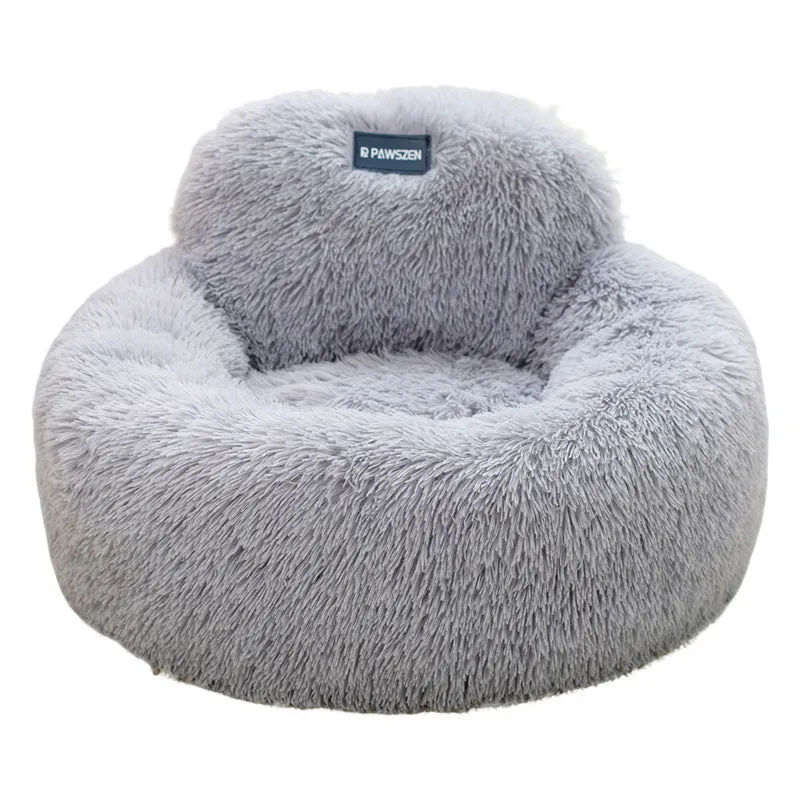 Pet bed winter warm breathable cloth kennel for cats, long wool backrest, diameter 48cm, light gray