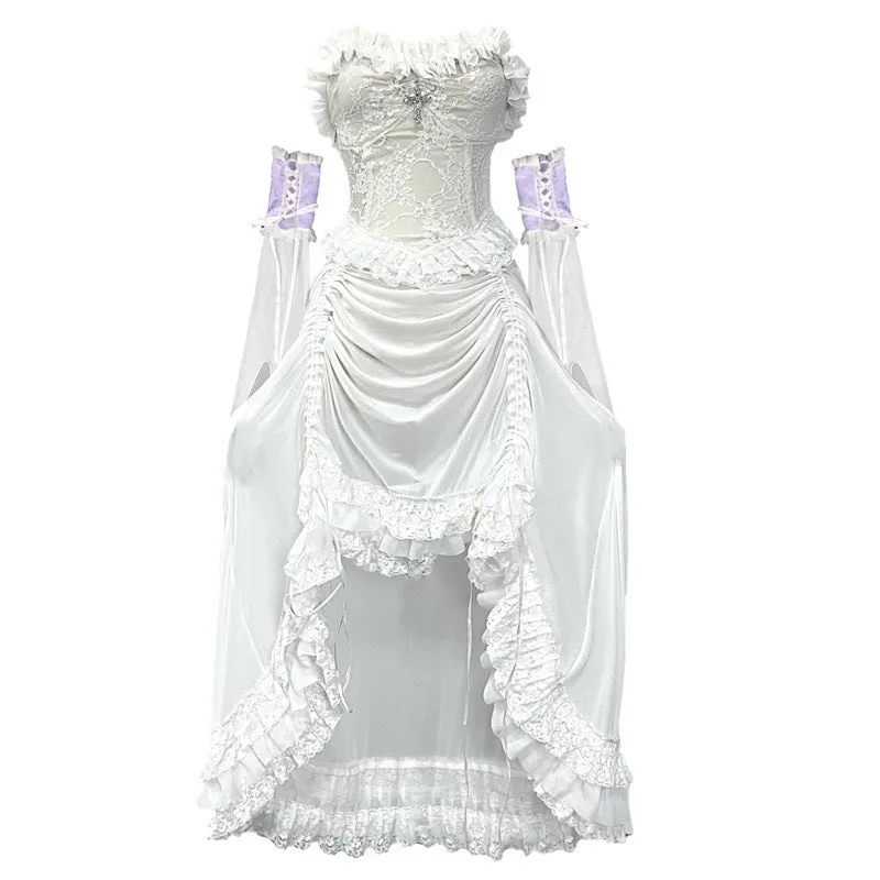 Chinese style white gothic drawstring mesh dress with dark straps and detached oversleeves on display