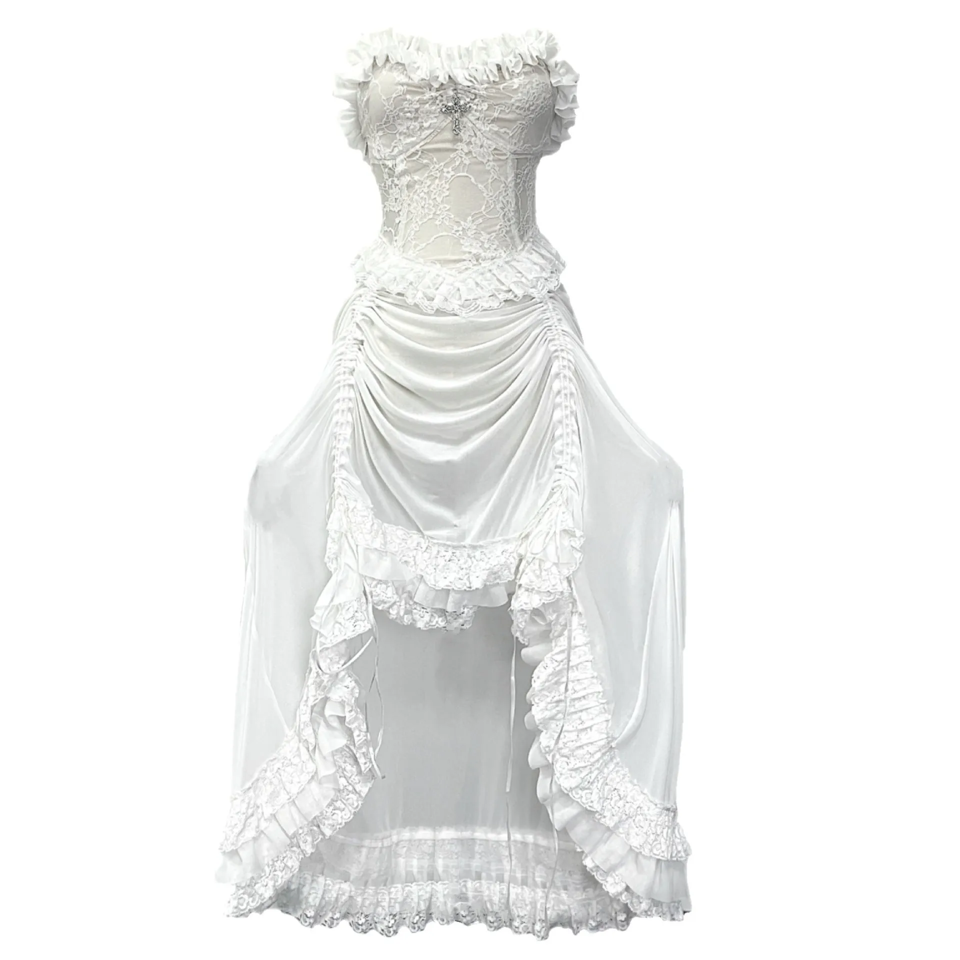 Chinese style white gothic drawstring mesh dress with dark straps and detached oversleeves on display