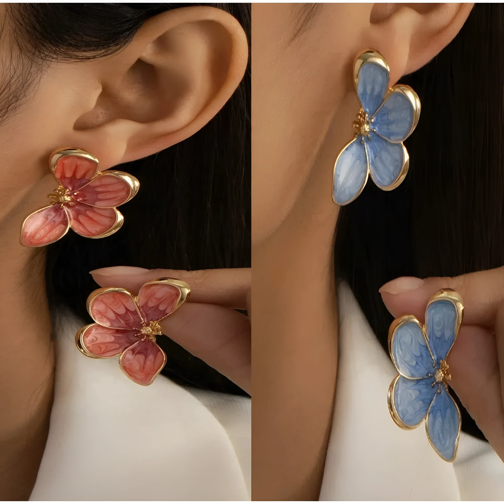 Three-dimensional flower earrings in blue colour with metal finish, exquisite design for women