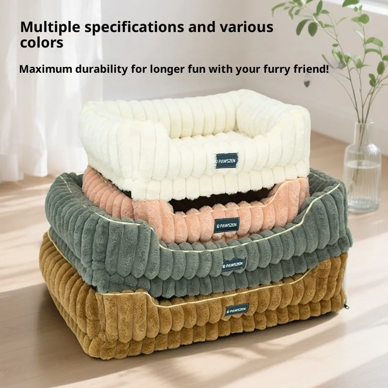 Striped rabbit fur pet bed in large square shape with removable cover for dogs