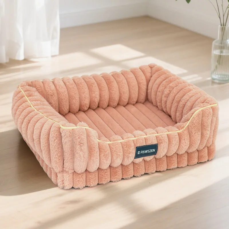 Striped rabbit fur pet bed in large square shape with removable cover for dogs