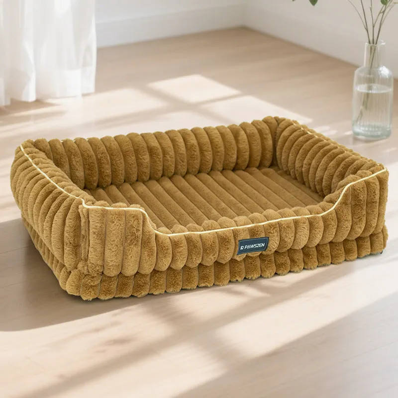Striped rabbit fur pet bed in large square shape with removable cover for dogs