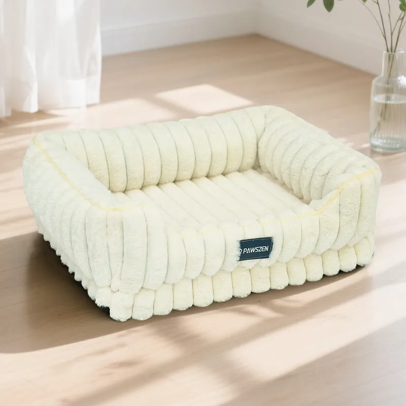 Striped rabbit fur pet bed in large square shape with removable cover for dogs