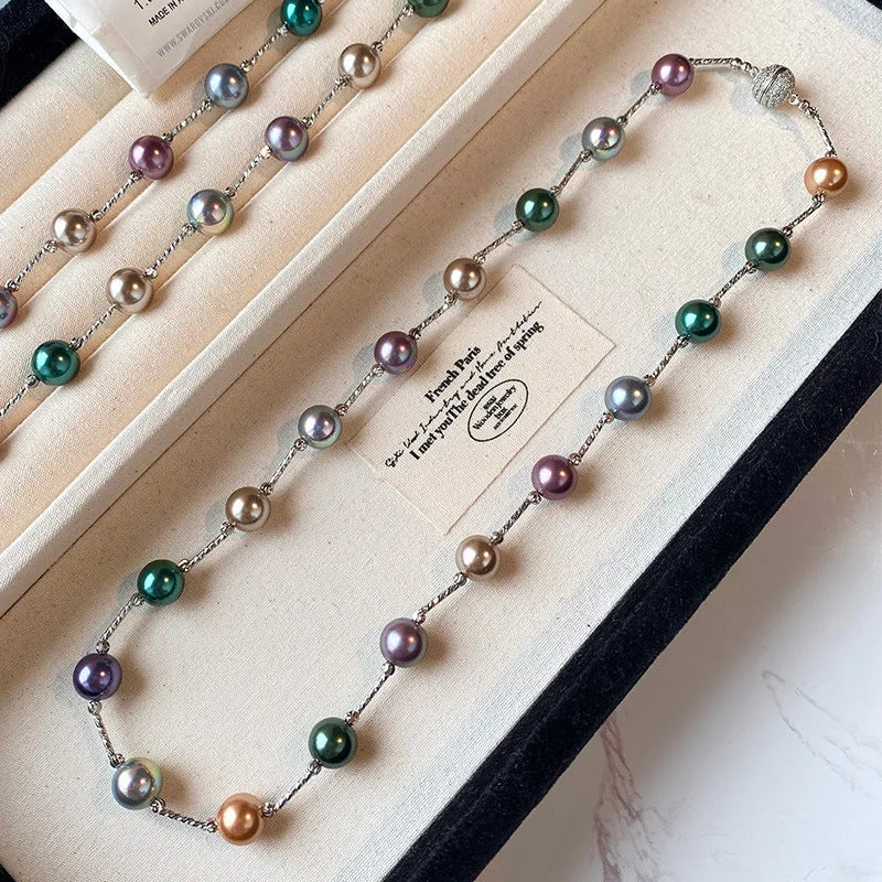 Mixed color Shijia pearl necklace with round ball magnetic buckle and real gold plated copper inlaid zircon pendant
