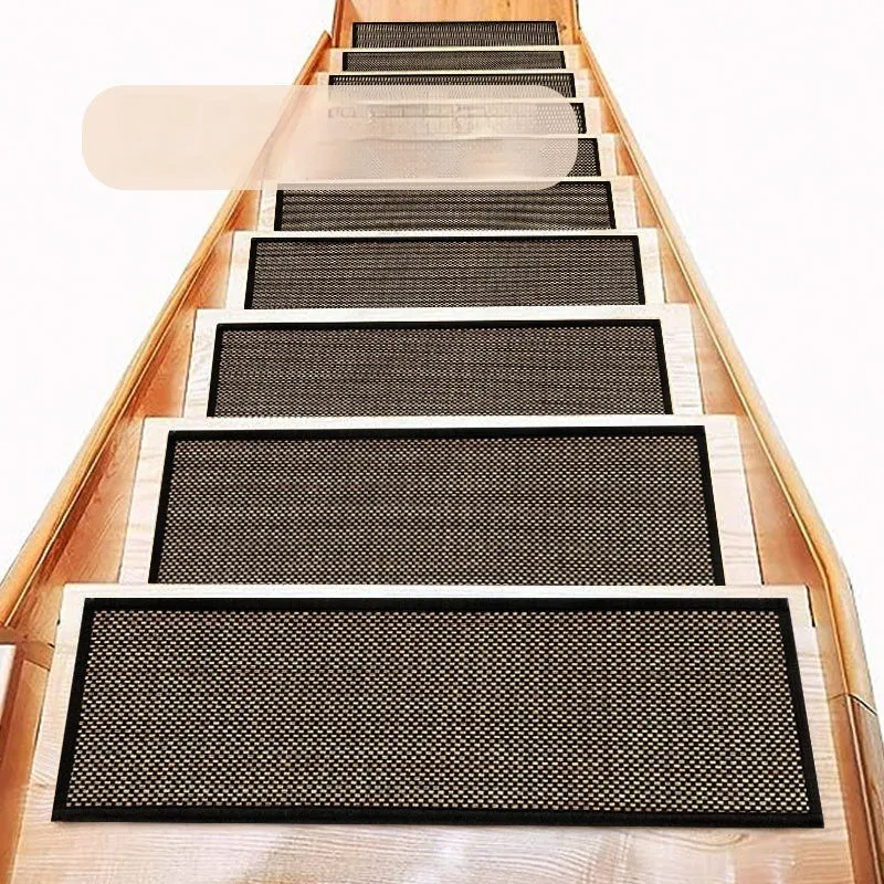 Japanese-style linen-look stair mat with rubber backing measuring 20 by 76 centimetres in camel colour