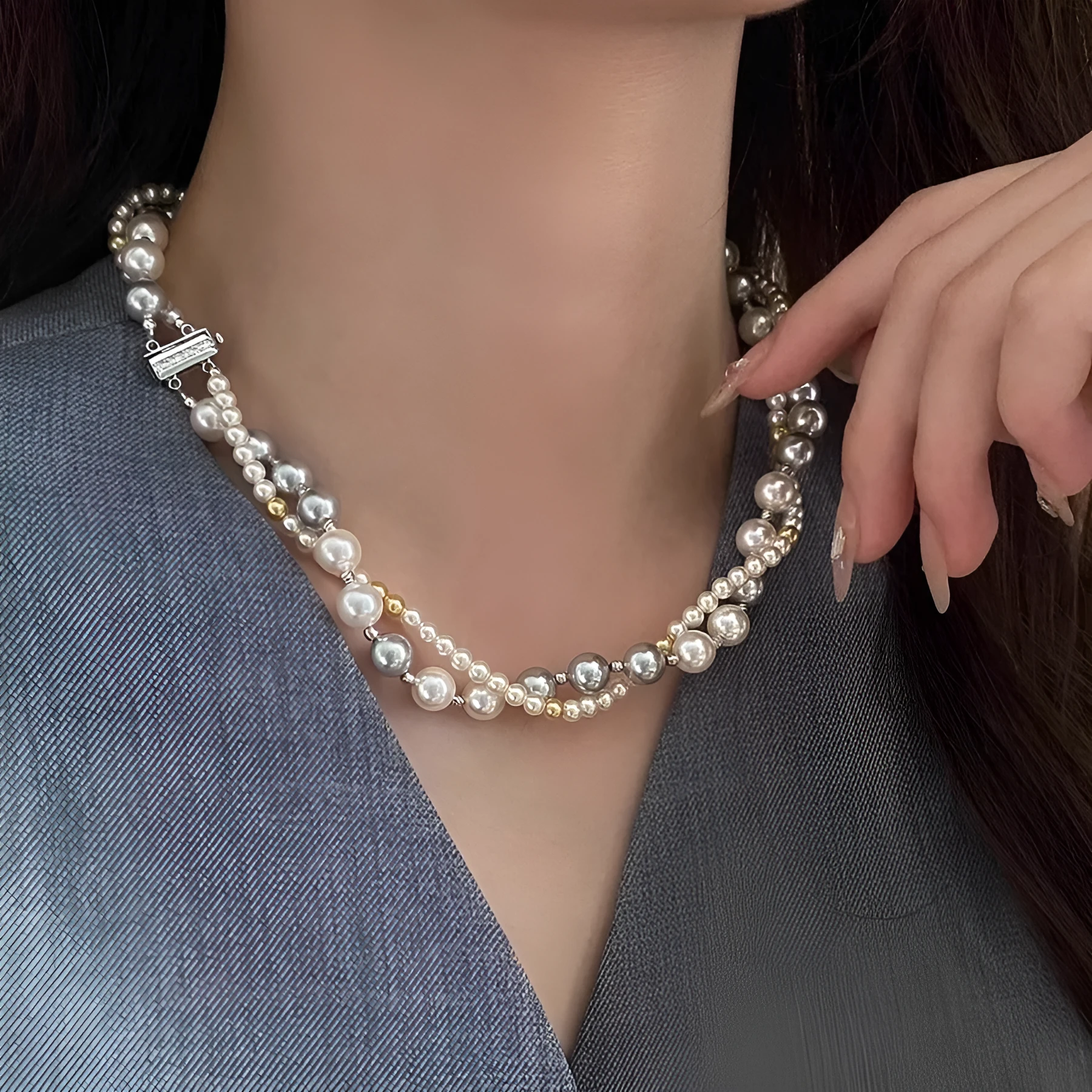 Mixed colour double-layer pearl necklace on copper U-shaped geometric chain for women 41-50cm perimeter