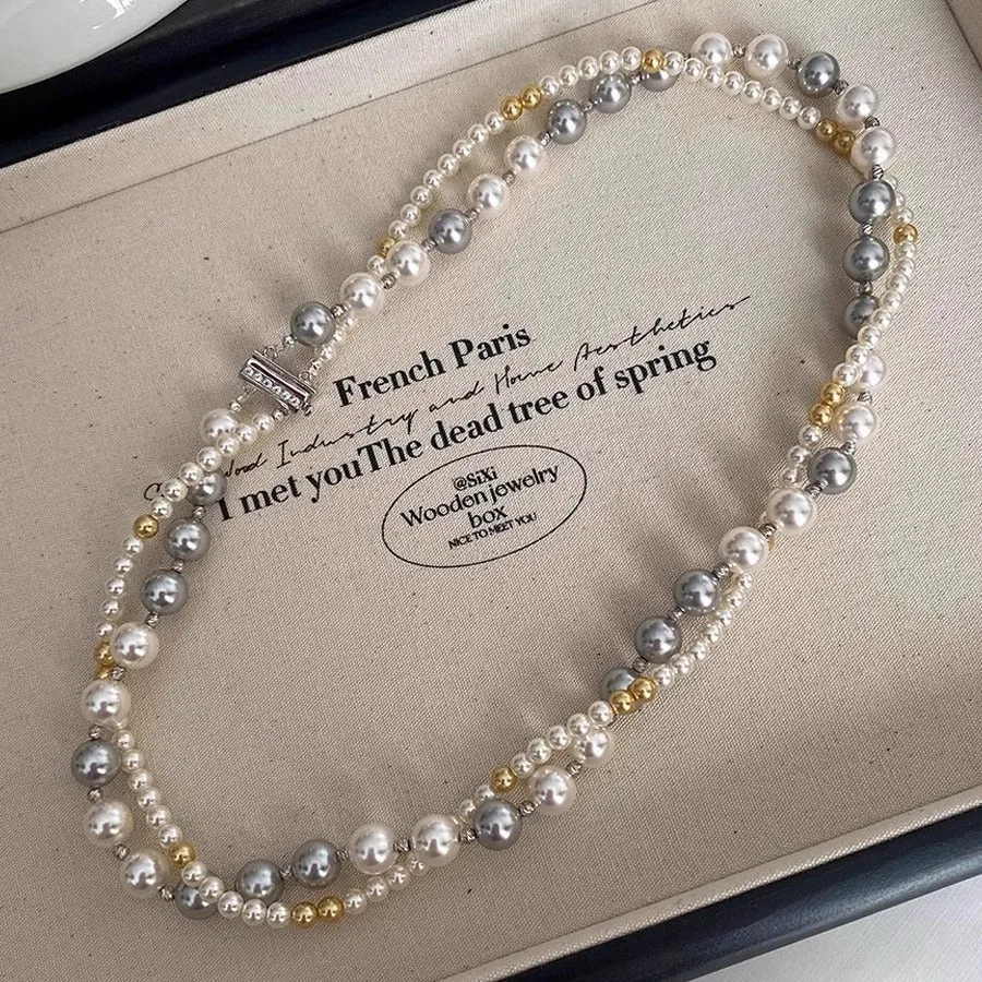 Mixed colour double-layer pearl necklace on copper U-shaped geometric chain for women 41-50cm perimeter