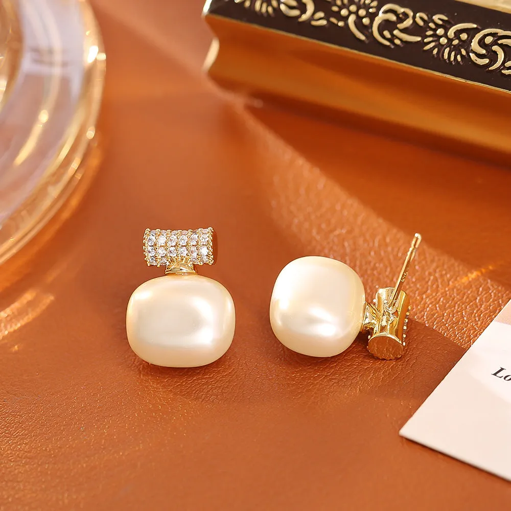 Cubic sugar pearl necklace and stud earrings set with real gold plating on copper, adjustable 41-50cm chain