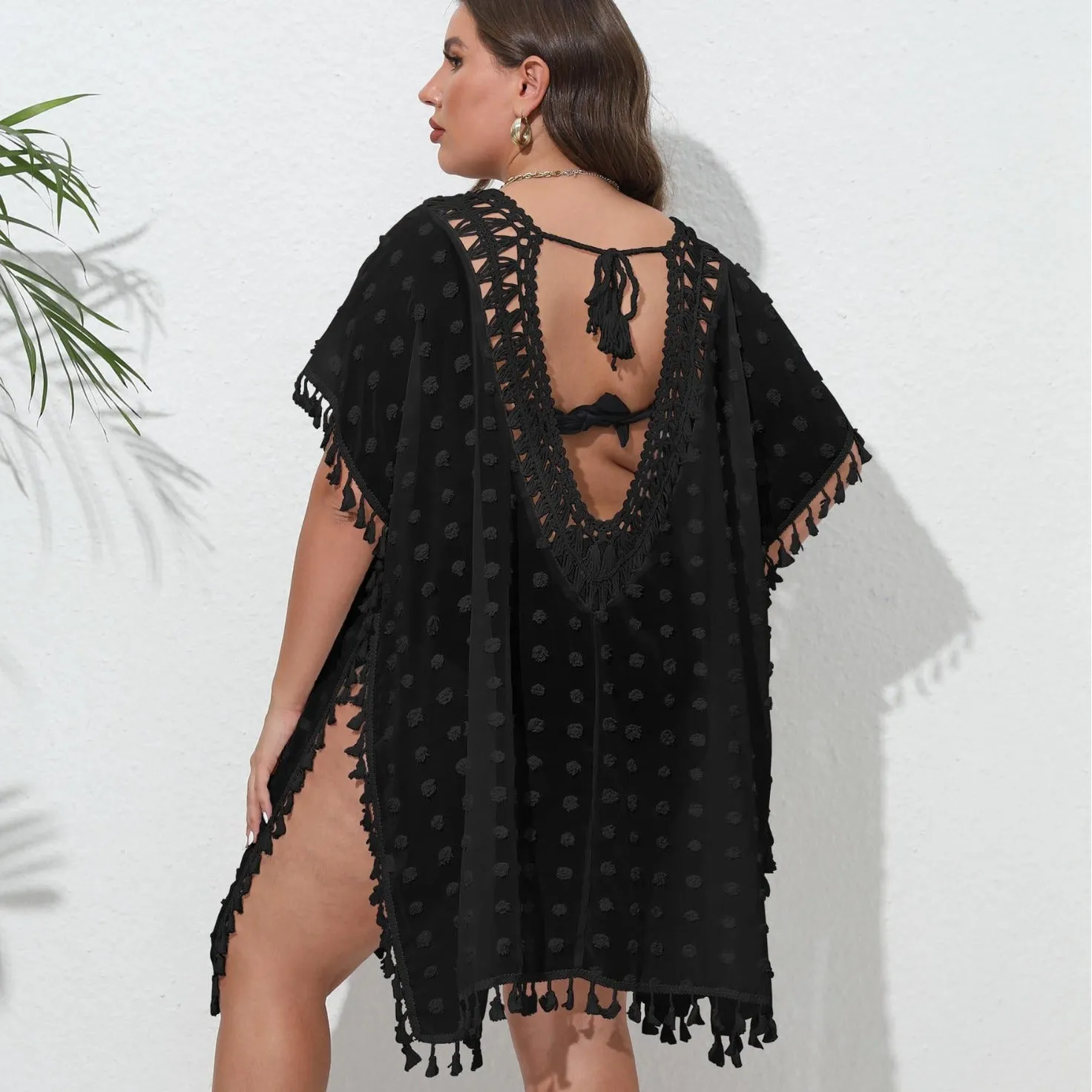 Three-dimensional chiffon V-neck see-through tassel patchwork beach dress in solid colour front view
