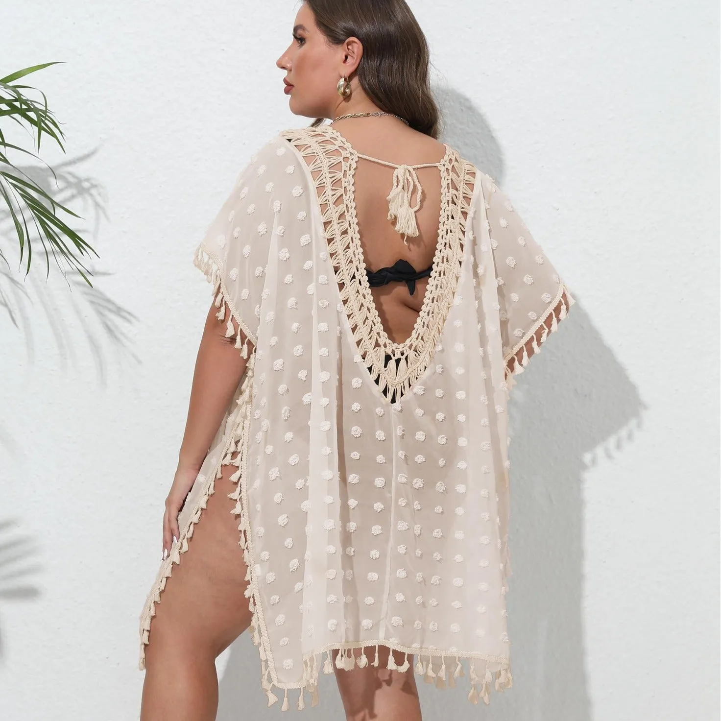 Three-dimensional chiffon V-neck see-through tassel patchwork beach dress in solid colour front view