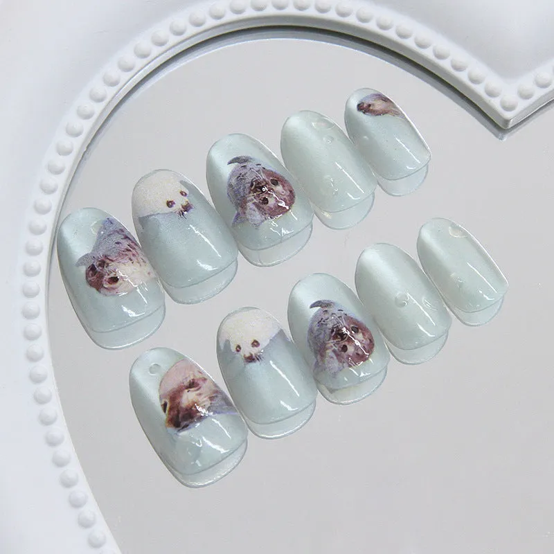 Cat eye summer ocean detachable false nails in short oval shape with glue