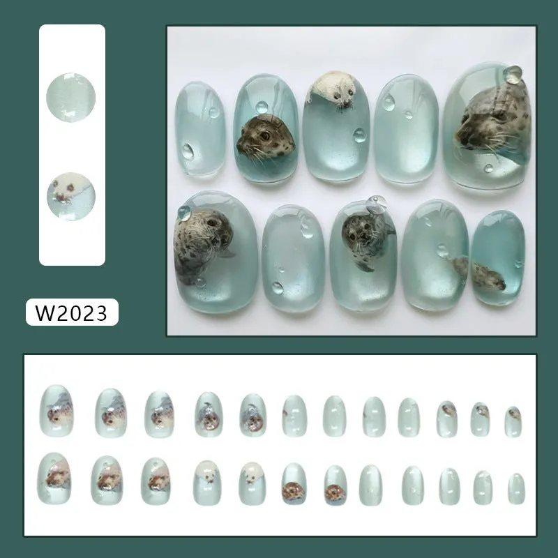 Cat eye summer ocean detachable false nails in short oval shape with glue