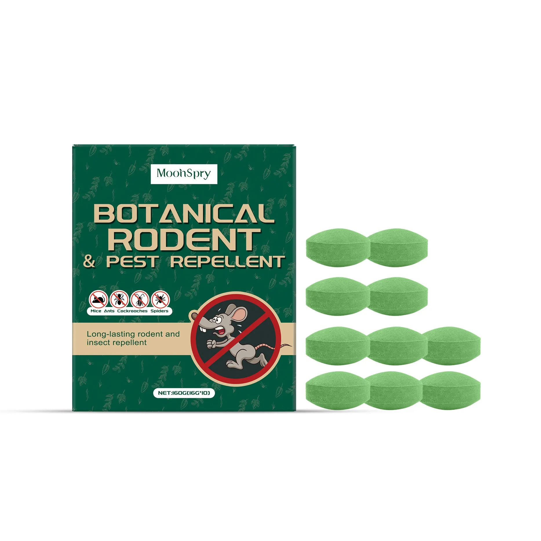 Ten 16g anti-mouse repellent pills and three mesh bags for warehouse and household rodent protection.