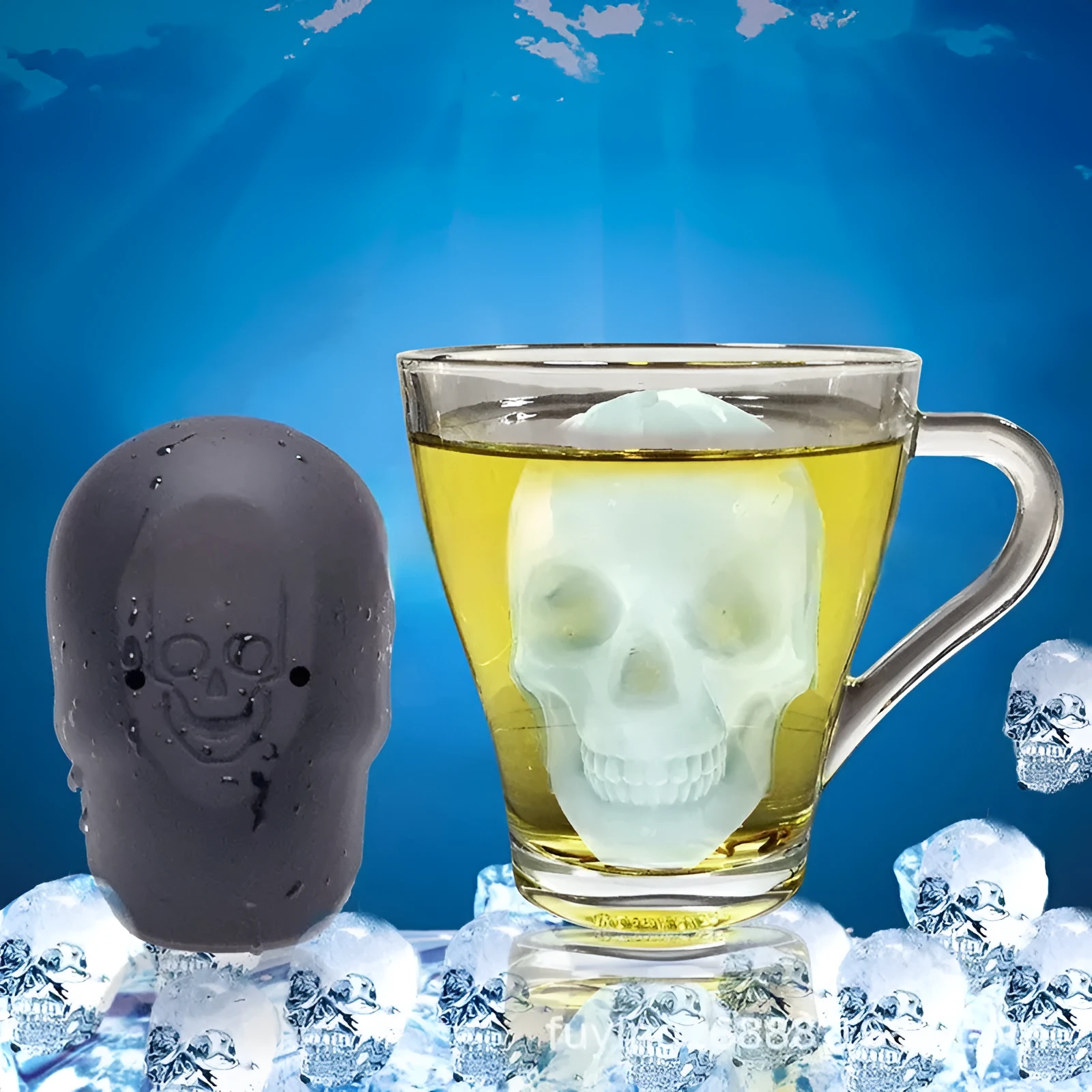 3D Halloween skull ice cube tray made from blue food-grade silicone on a white background.