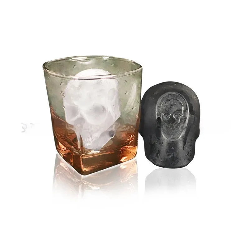 3D Halloween skull ice cube tray made from blue food-grade silicone on a white background.