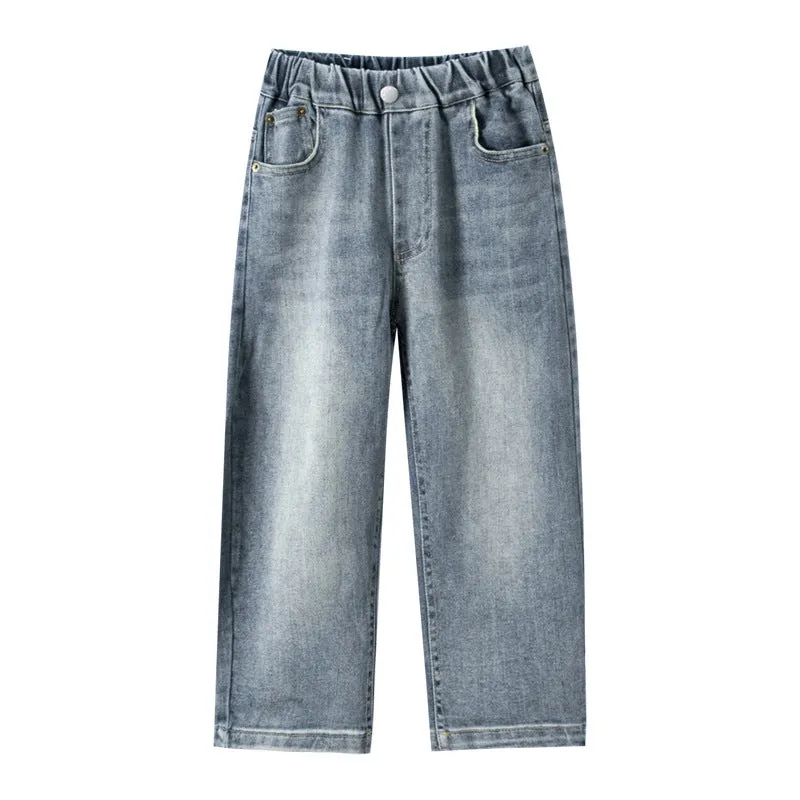 Men's straight loose fit blue denim jeans with cotton fabric, suitable for heights 120-170cm