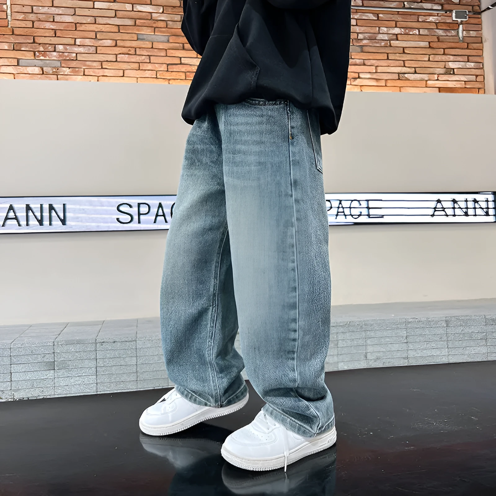 Men's straight loose fit blue denim jeans with cotton fabric, suitable for heights 120-170cm