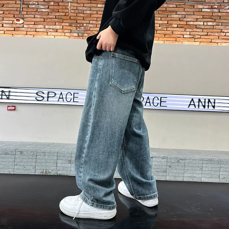 Men's straight loose fit blue denim jeans with cotton fabric, suitable for heights 120-170cm