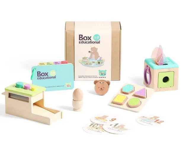 Educational wooden Montessori rattle set with black and white cards and ball chime in colour box packaging