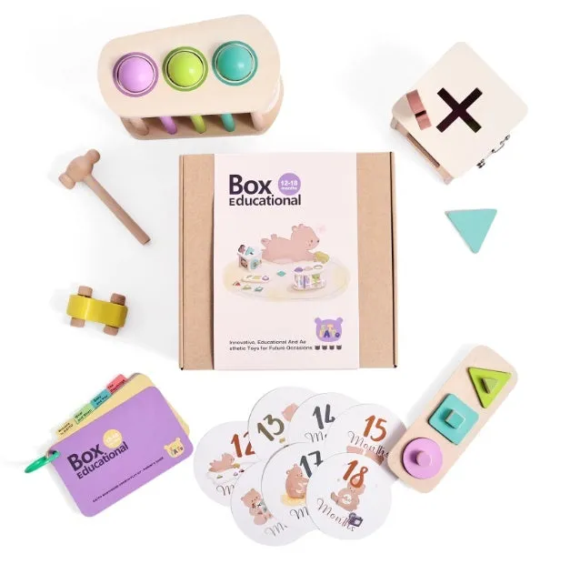 Educational wooden Montessori rattle set with black and white cards and ball chime in colour box packaging