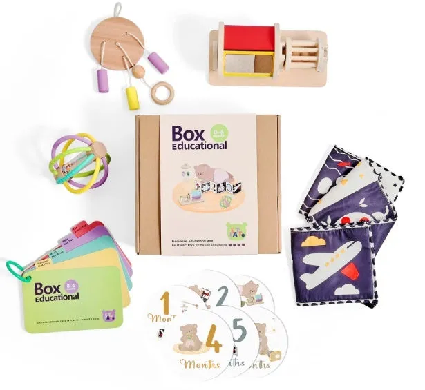 Educational wooden Montessori rattle set with black and white cards and ball chime in colour box packaging