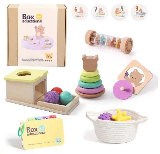 Educational wooden Montessori rattle set with black and white cards and ball chime in colour box packaging