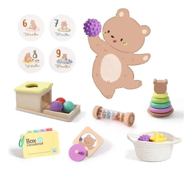 Educational wooden Montessori rattle set with black and white cards and ball chime in colour box packaging