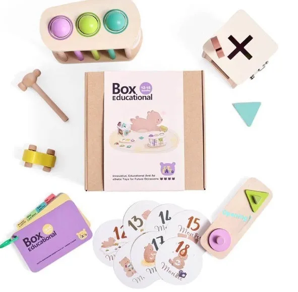 Educational wooden Montessori rattle set with black and white cards and ball chime in colour box packaging
